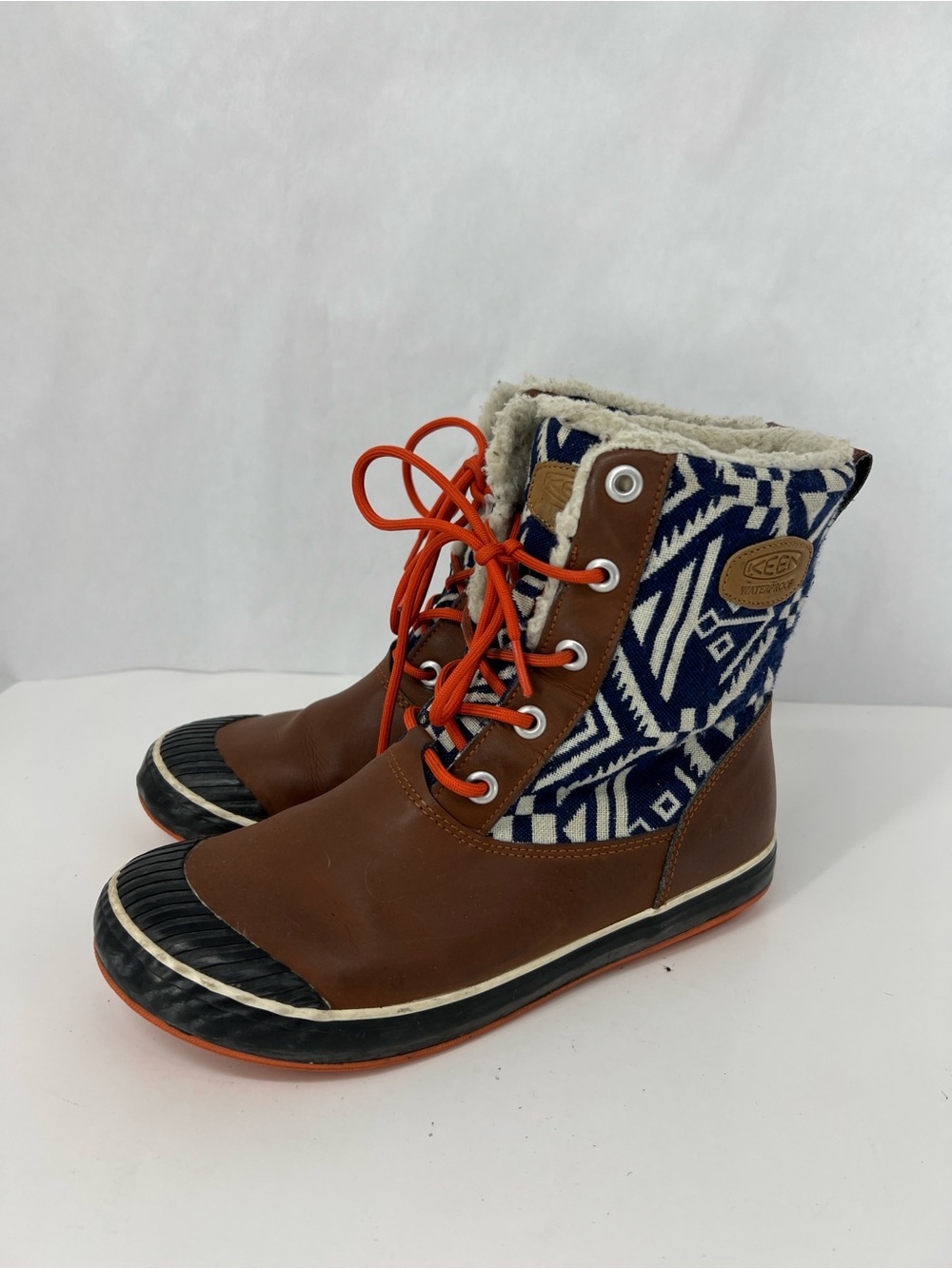 KEEN Brown Leather & Navy Geometric Kids Winter Boots with Orange Laces